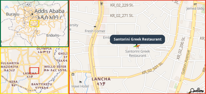 Map showing the address of Santorini Greek Restaurant in three different zoom levels.