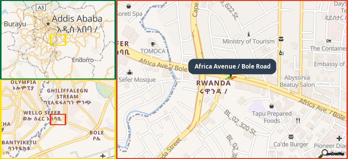 Map showing the address of Africa Avenue / Bole Road in three different zoom levels.