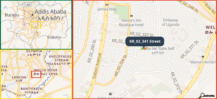 Map showing the address of KR_02_341 Street in three different zoom levels.