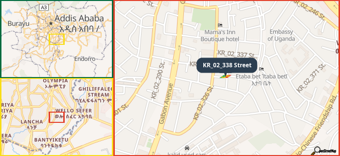 Map showing the address of KR_02_338 Street in three different zoom levels.