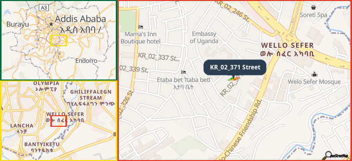 Map showing the address of KR_02_371 Street in three different zoom levels.