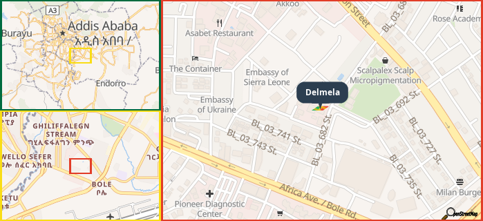 Map showing the address of Delmela in three different zoom levels.