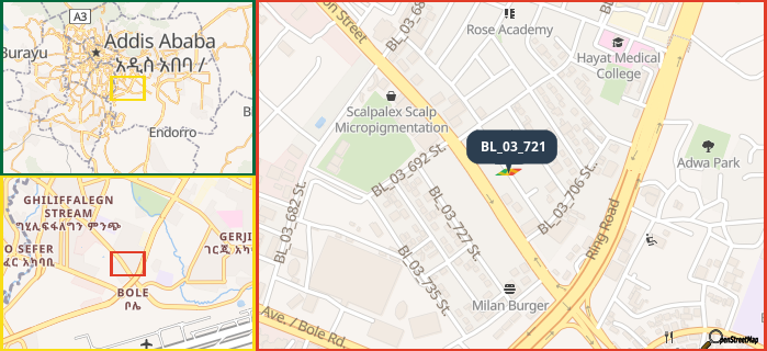 Map showing the address of BL_03_721 in three different zoom levels.