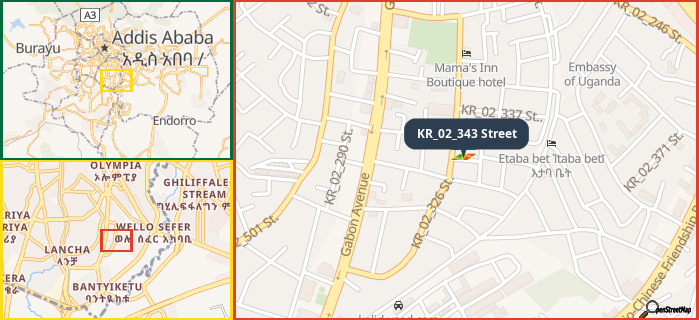 Map showing the address of KR_02_343 Street in three different zoom levels.