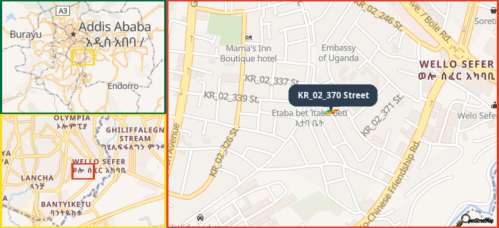 Map showing the address of KR_02_370 Street in three different zoom levels.