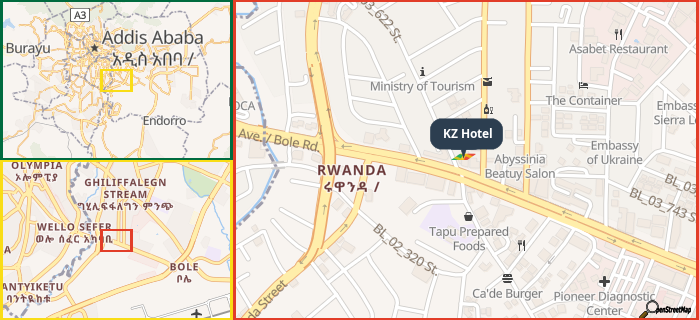 Map showing the address of KZ Hotel in three different zoom levels.