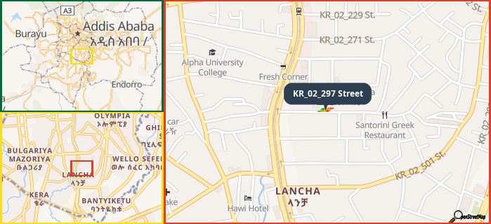 Map showing the address of KR_02_297 Street in three different zoom levels.