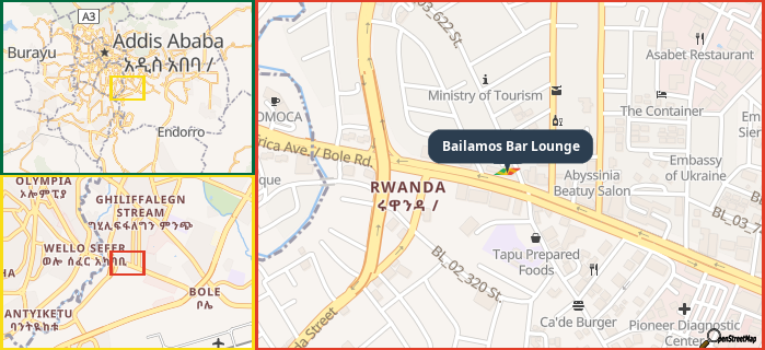 Map showing the address of Bailamos Bar Lounge in three different zoom levels.