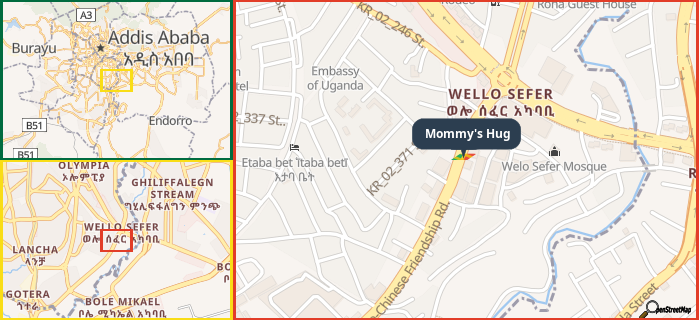 Map showing the address of Mommy's Hug in three different zoom levels.