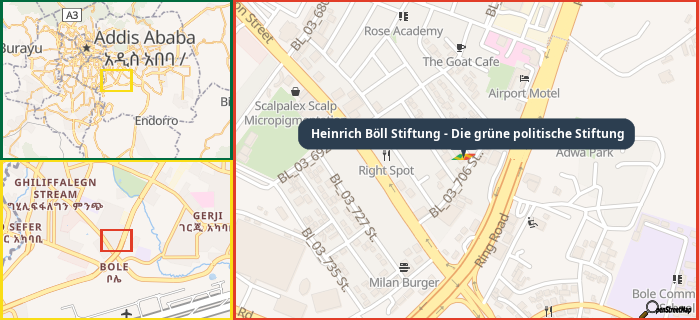 Map showing the address of Heinrich Böll Stiftung - Die grüne politische Stiftung in three different zoom levels.