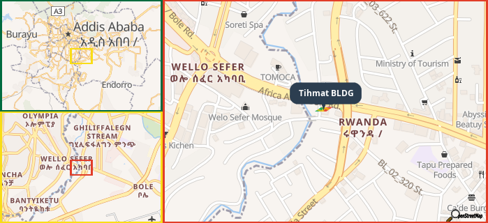 Map showing the address of Tihmat BLDG in three different zoom levels.