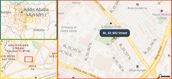 Map showing the address of BL_03_692 Street in three different zoom levels.