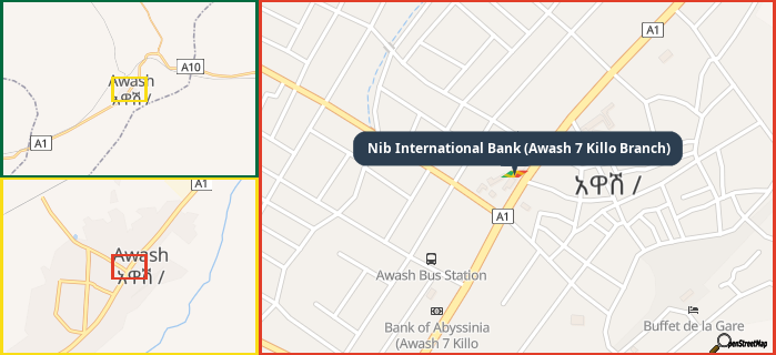 Map showing the address of Nib International Bank (Awash 7 Killo Branch) in three different zoom levels.