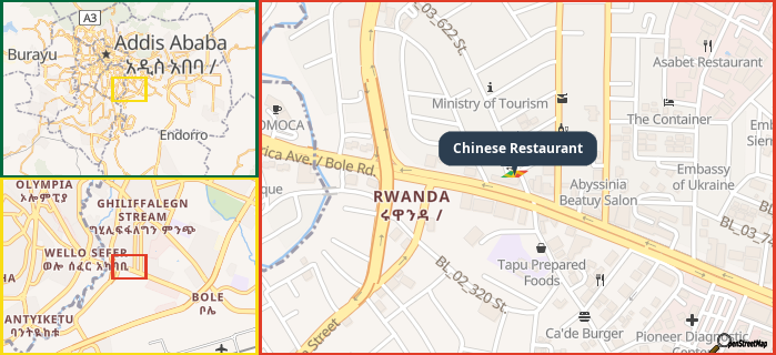 Map showing the address of Chinese Restaurant in three different zoom levels.