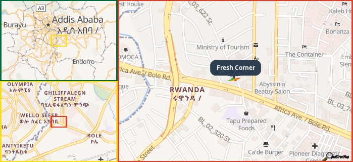 Map showing the address of Fresh Corner in three different zoom levels.
