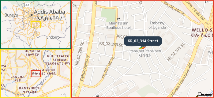 Map showing the address of KR_02_314 Street in three different zoom levels.