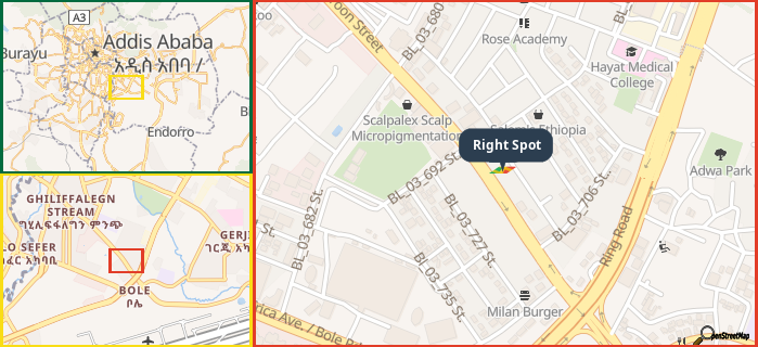 Map showing the address of Right Spot in three different zoom levels.