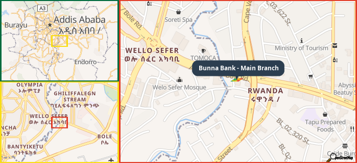 Map showing the address of Bunna Bank - Main Branch in three different zoom levels.