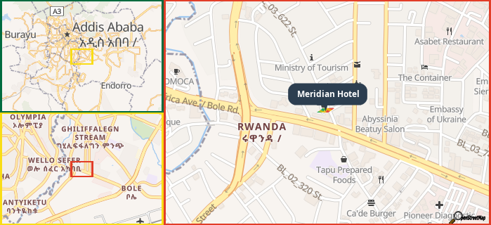 Map showing the address of Meridian Hotel in three different zoom levels.