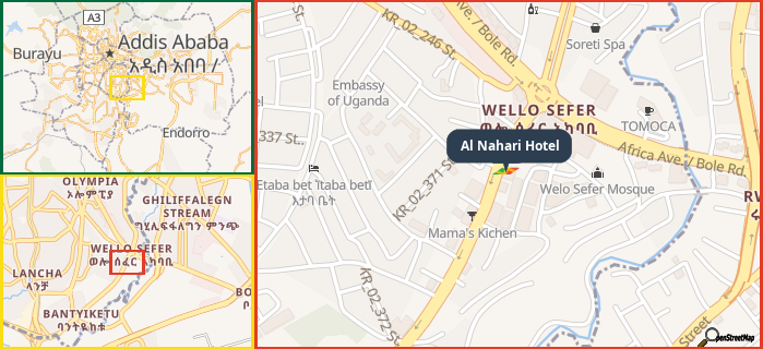 Map showing the address of Al Nahari Hotel in three different zoom levels.