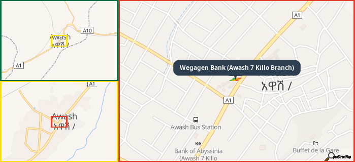 Map showing the address of Wegagen Bank (Awash 7 Killo Branch) in three different zoom levels.