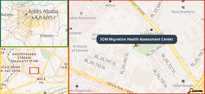 Map showing the address of IOM Migration Health Assessment Center in three different zoom levels.