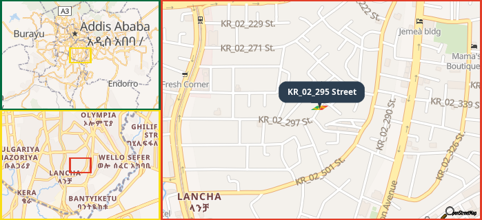 Map showing the address of KR_02_295 Street in three different zoom levels.