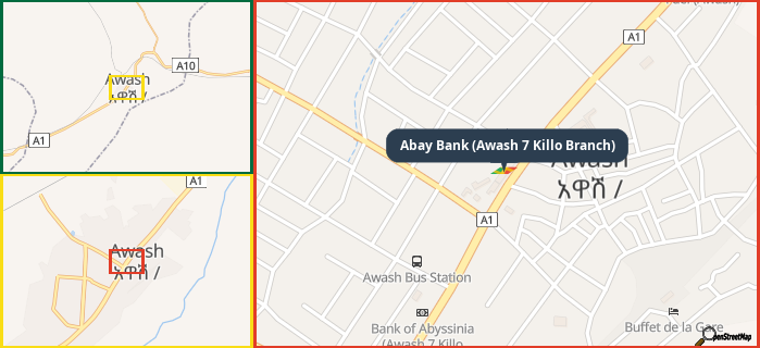 Map showing the address of Abay Bank (Awash 7 Killo Branch) in three different zoom levels.