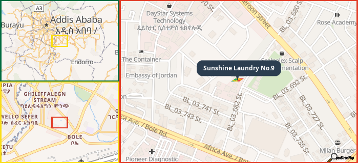 Map showing the address of Sunshine Laundry No.9 in three different zoom levels.