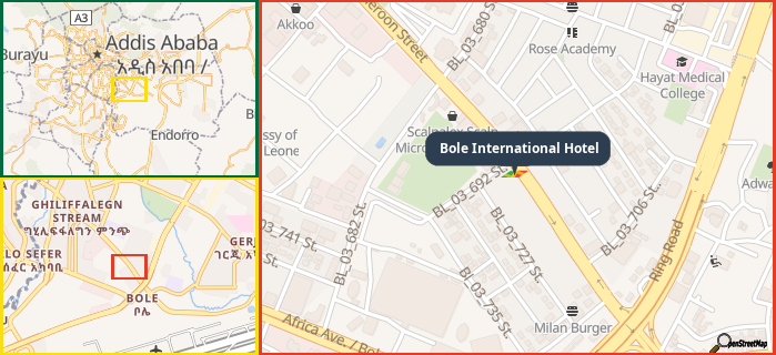 Map showing the address of Bole International Hotel in three different zoom levels.