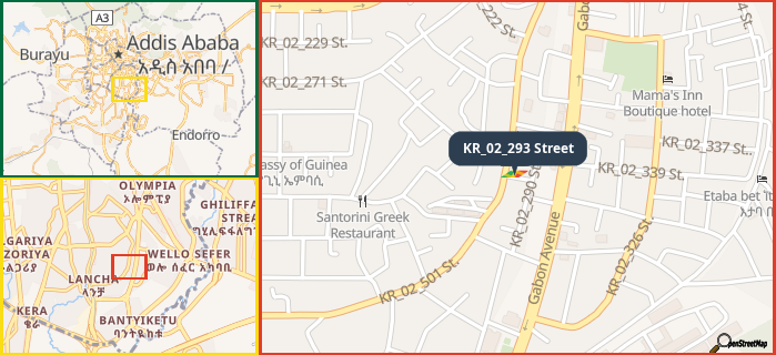 Map showing the address of KR_02_293 Street in three different zoom levels.