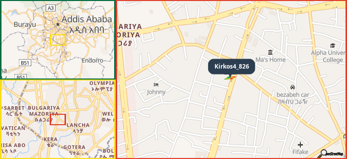 Map showing the address of Kirkos4_826 in three different zoom levels.