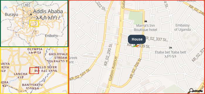 Map showing the address of House in three different zoom levels.