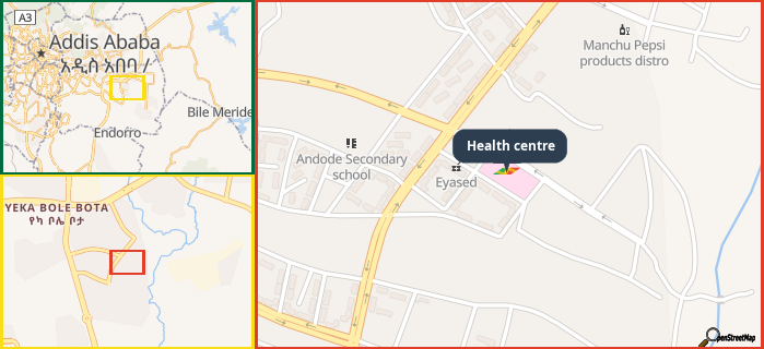 Map showing the address of Health centre in three different zoom levels.