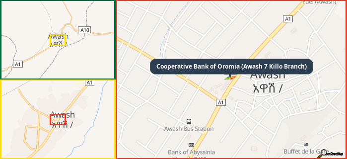 Map showing the address of Cooperative Bank of Oromia (Awash 7 Killo Branch) in three different zoom levels.