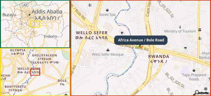 Map showing the address of Africa Avenue / Bole Road in three different zoom levels.