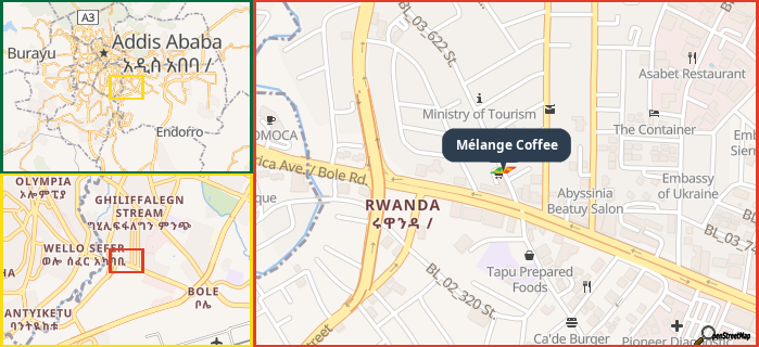 Map showing the address of Mélange Coffee in three different zoom levels.