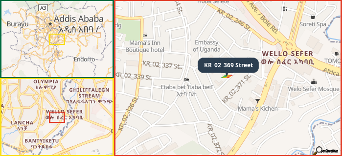 Map showing the address of KR_02_369 Street in three different zoom levels.