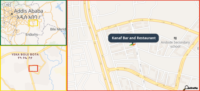 Map showing the address of Kanaf Bar and Restaurant in three different zoom levels.