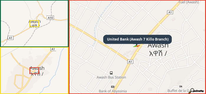 Map showing the address of United Bank (Awash 7 Killo Branch) in three different zoom levels.