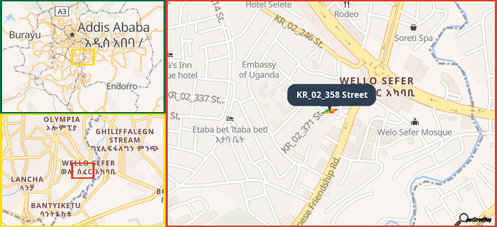 Map showing the address of KR_02_358 Street in three different zoom levels.