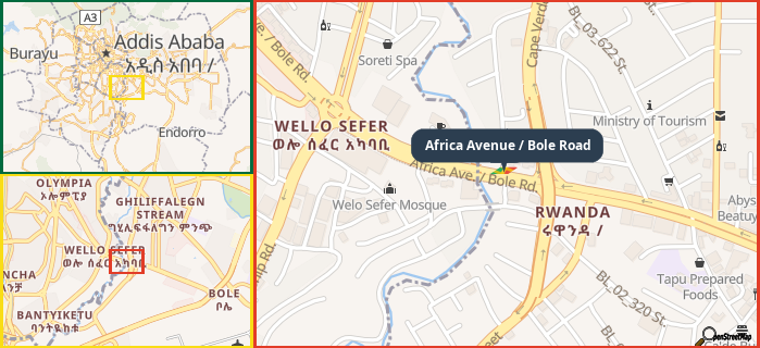 Map showing the address of Africa Avenue / Bole Road in three different zoom levels.