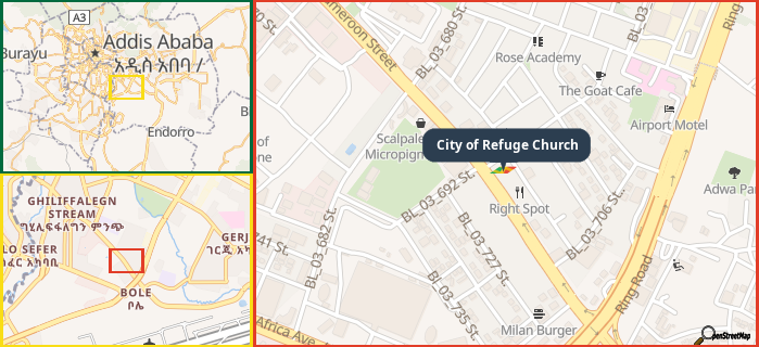 Map showing the address of City of Refuge Church in three different zoom levels.