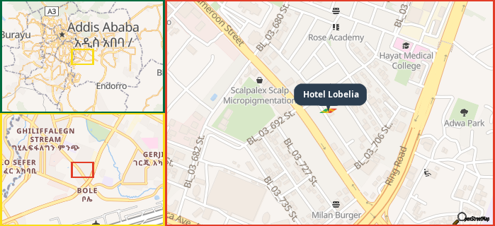 Map showing the address of Hotel Lobelia in three different zoom levels.