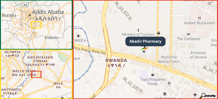 Map showing the address of Abadir Pharmacy in three different zoom levels.