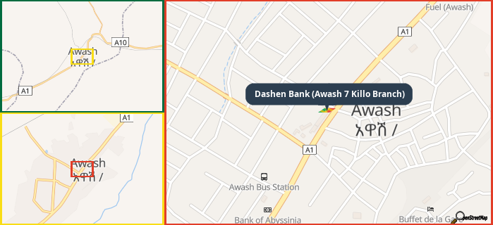 Map showing the address of Dashen Bank (Awash 7 Killo Branch) in three different zoom levels.