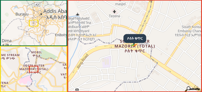Map showing the address of ሶስት ቁጥር in three different zoom levels.