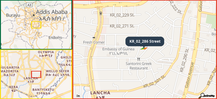 Map showing the address of KR_02_286 Street in three different zoom levels.