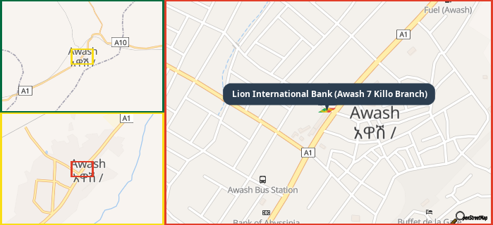 Map showing the address of Lion International Bank (Awash 7 Killo Branch) in three different zoom levels.