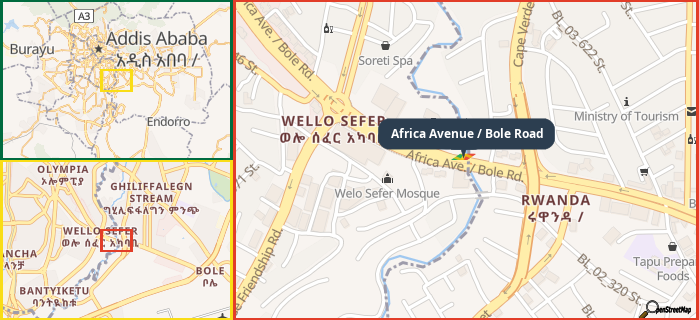 Map showing the address of Africa Avenue / Bole Road in three different zoom levels.